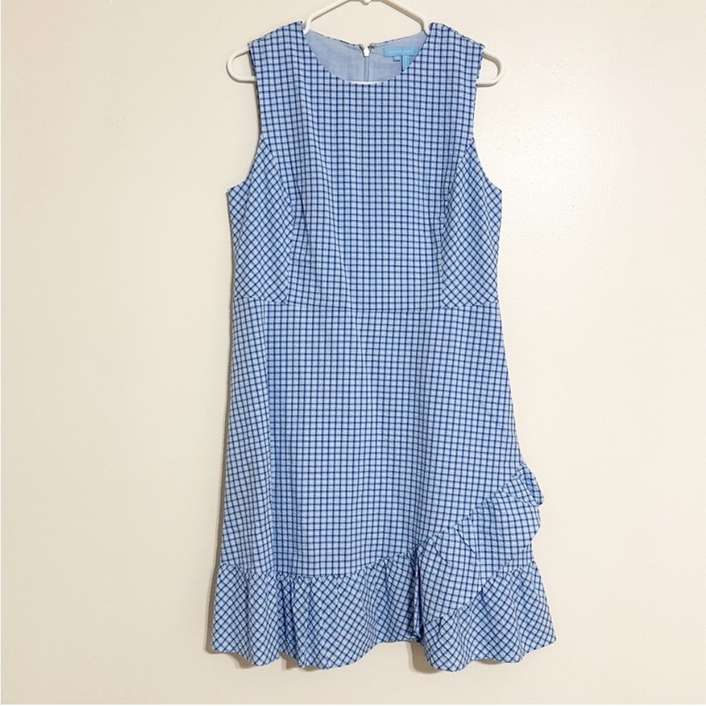 Draper James Seersucker Feminine Preppy Blue Checkered Cotton Ruffle Dress